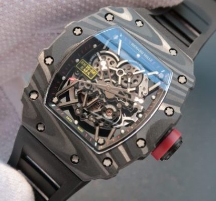 Replica Richard Mille RM035 Rafael Nadal Forge Carbon Titanium Case KVF Skeleton Dial Red Black Rubber Strap MIYOTA8215