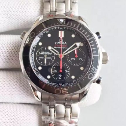 Replica Omega Seamaster 300m Diver Black Dial Black Inner Bezel SS Bracelet A7753