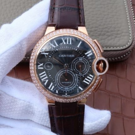 Replica Cartier Ballon Bleu De Cartier Chrono RG Black Dial Diamonds Bezel A8101