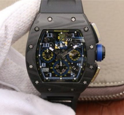 Replica Richard Mille RM011 SS Felipe Massa 10th Anniversary KVF Crystal Skeleton Dial Blue Black Rubber Strap A7750
