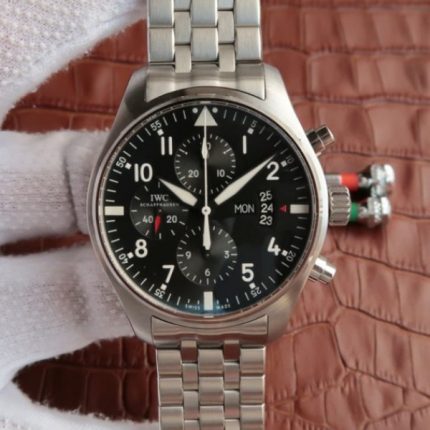 Replica IWC V6 Pilot Chrono IW377704 Black Dial SS Bracelet A7750