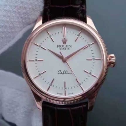 Replica Rolex MK Cellini Time 50505 RG White Dial Leather Strap A3132