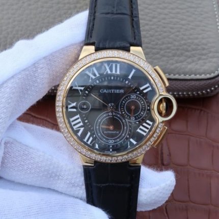Replica Cartier Ballon Bleu De Cartier Chrono YG Black Dial Diamonds Bezel A8101