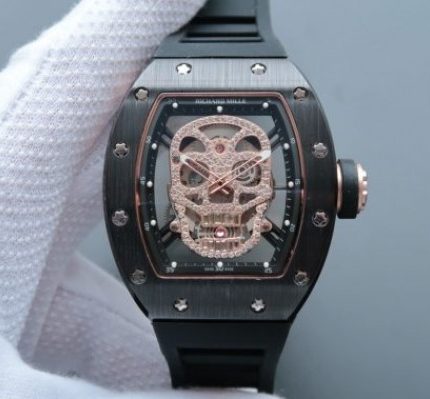Replica Richard Mille RM052 Black Ceramic Full Paved Diamonds Skull Dial Black Rubber Strap MIYOTA8215