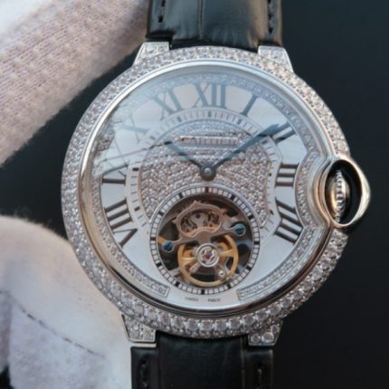 Replica Cartier Ballon Bleu de Cartier Tourbillon SS Paved Diamonds Black Leather Strap