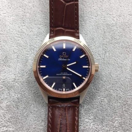 Replica Omega Globemaster Master Chronometer Blue Dial RG Bezel Leather Strap A8900