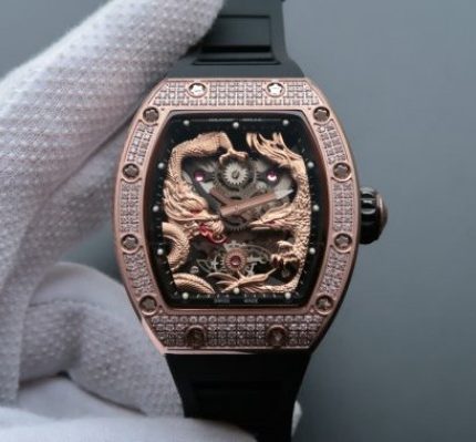 Replica Richard Mille RM057 Dragon Phoenix RG Case Diamonds Bezel RG Dial Black Rubber Strap