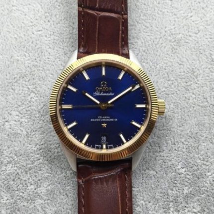 Replica Omega Globemaster Master Chronometer Blue Dial Brown Leather Strap A8913