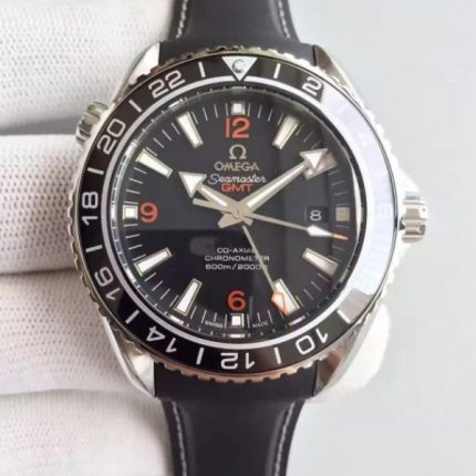 Replica Omega Planet Ocean SS GMT Black Dial Orange Markers Rubber Strap A8605