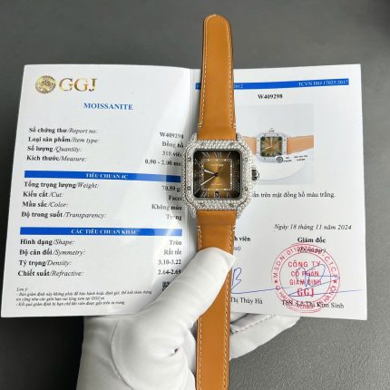 Cartier Santos Dial Brown Replica Watches Custom Diamonds Moissanite BV Factory 39.8mm