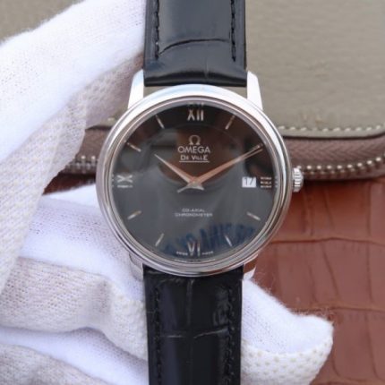 Replica Omega MKF De Ville 37mm SS Black Dial Black Leather Strap A2829
