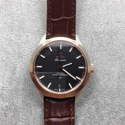 Replica Omega Globemaster Master Chronometer Black Dial RG Bezel Leather Strap A8900