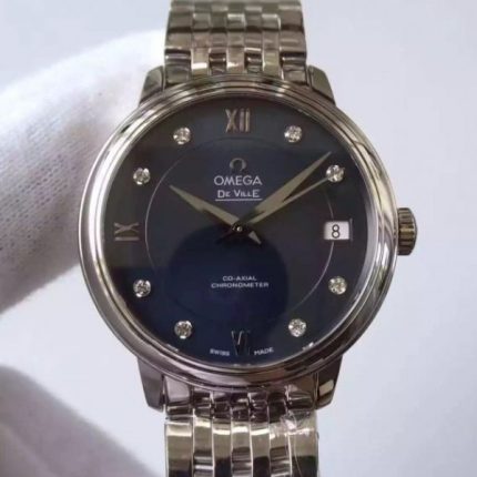 Replica Omega MKF De Ville 33mm Diamonds Markers Blue Dial SS Bracelet A2824