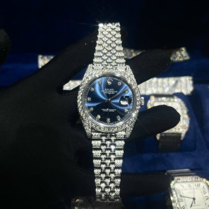 Rolex Best Replica Watch DateJust Dial Blue Custom Full Diamonds Moissanite 41mm