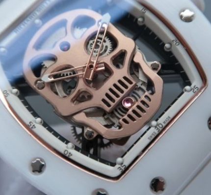 Replica Richard Mille RM052 White Ceramic RG Diamonds Skull Dial White Rubber Strap MIYOTA8215