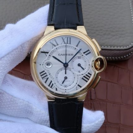 Replica Cartier Ballon Bleu De Cartier Chrono 47mm YG White Dial Leather Strap A8101