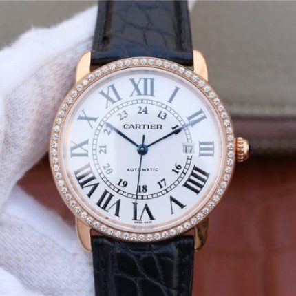 Replica Cartier Ronde De Cartier RG White Dial Diamonds Bezel Croco Strap A2892