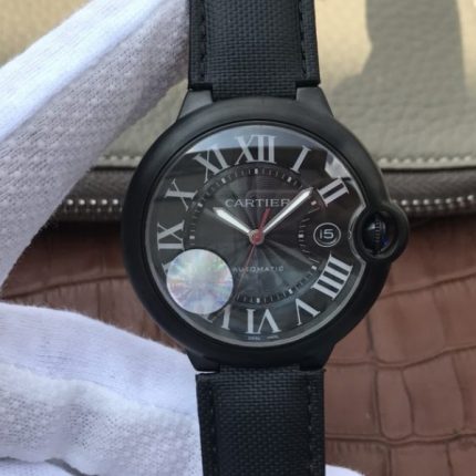 Replica Cartier JF Ballon Bleu 42mm DLC All Black Black Textured Dial Leather Strap A1847
