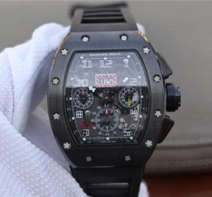 Replica Richard Mille RM011 Black Ceramic PVD Chrono Skeleton Dial Black Rubber Strap A7750