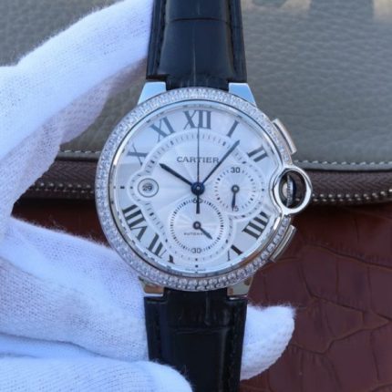 Replica Cartier Ballon Bleu De Cartier Chrono SS White Dial Diamonds Bezel A8101