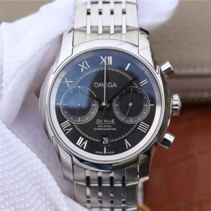Replica Omega OMF De Ville Chronograph 42mm Black Dial SS Bracelet A9300