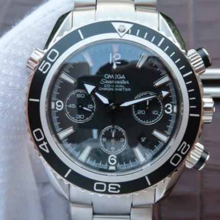 Replica Omega Seamaster Planet Ocean Chrono 45mm Black Dial Silver Markers SS Bracelet A7750