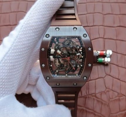 Replica Richard Mille RM055 Brown Ceramic Brown Inner Bezel Skeleton Dial Brown Rubber Strap MIYOTA8215