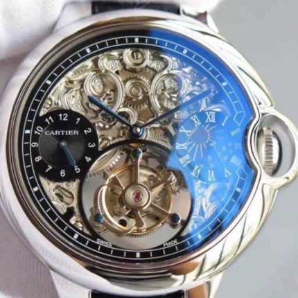 Replica Cartier Ballon Bleu Skeleton Tourbillon Black Dial Black Leather Strap