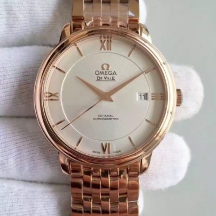 Replica Omega MK De Ville 39.5mm White Dial RG Case SS Bracelet A2824