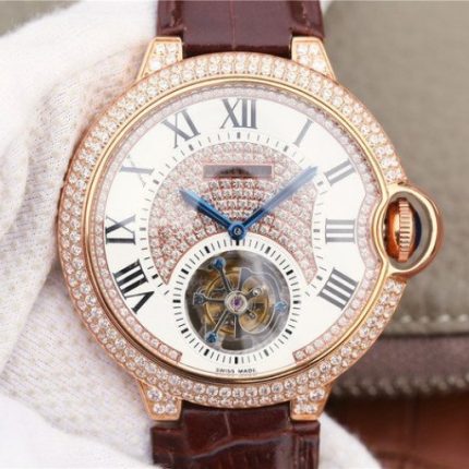 Replica Cartier Ballon Bleu de Cartier Tourbillon RG Paved Diamonds Leather Strap