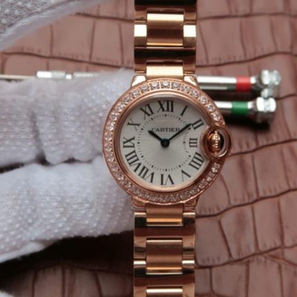 Replica Cartier Ballon Bleu 28mm RG Diamonds Bezel White Dial Bracelet Ronda Quartz