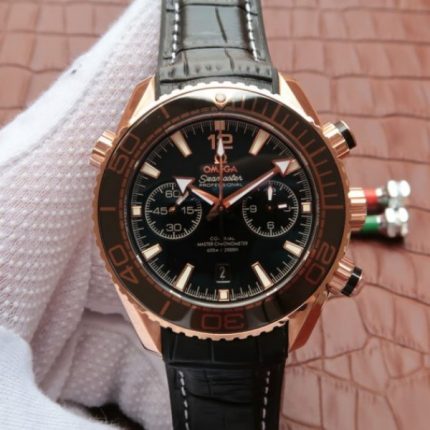 Replica Omega Planet Ocean Master Chronometer RG Black Bezel Black Dial Leather A9301