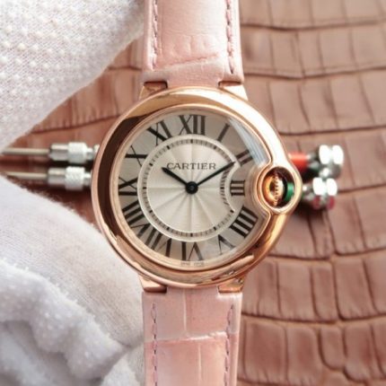 Replica Cartier Ballon Bleu 33mm RG White Dial Leather Strap Ronda Quartz