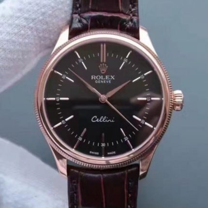 Replica Rolex MK Cellini Time 50505 Black Dial RG Leather Strap A3165
