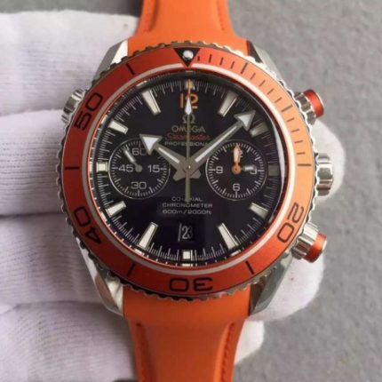 Replica Omega Planet Ocean 45mm Chrono Orange Bezel Black Dial Rubber Strap A9300