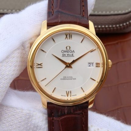 Replica Omega MKF De Ville 37mm YG White Dial YG Markers Leather Strap A2892