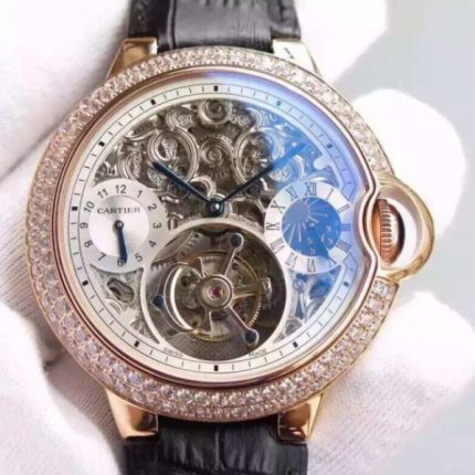 Replica Cartier Ballon Bleu Skeleton Tourbillon Diamond Bezel RG White Dial