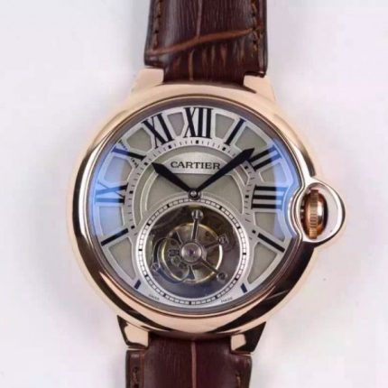 Replica Cartier Ballon de Cartier Tourbillon RG Gray Dial Leather Strap Flying Tour