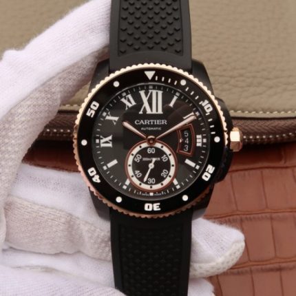 Replica Cartier JJF Calibre De Cartier Diver DLC Black Dial RG Bezel Black Rubber Strap A23J