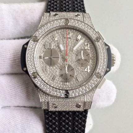 Replica Hublot Big Bang Full Pave Chrono Diamonds Dial Black Rubber Strap A7750