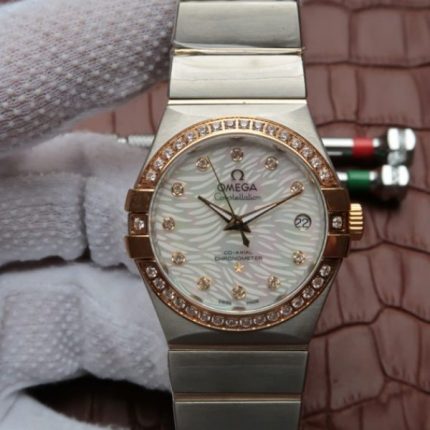Replica Omega V6 Constellation 35mm SS White Dial Diamonds   Bezel Markers RG Bezel A2500