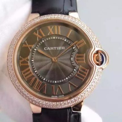 Replica Cartier Ballon Bleu 40mm RG Diamonds Bezel Black Dial Leather Strap MIYOTA9015