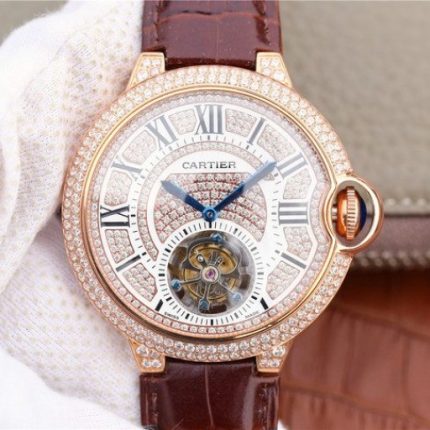 Replica Cartier Ballon Bleu de Cartier Tourbillon RG Full Paved Diamonds Leather Strap