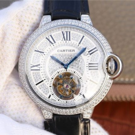 Replica Cartier Ballon Bleu de Cartier Tourbillon SS Full paved Diamonds Leather Strap