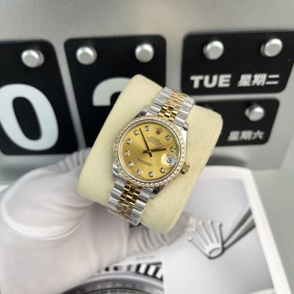 Rolex DateJust Women s Replica Watch With Stone Bezel Champagne Dial EW Factory 31mm