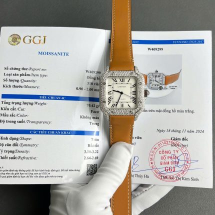 Cartier Santos White Dial Replica Watch Custom Diamonds Moissanite BV Factory 39.8mm